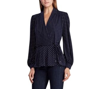 Lauren Ralph Lauren Navy Polka Dot Wrap Look Stretch Top with Peplum V Neck  S